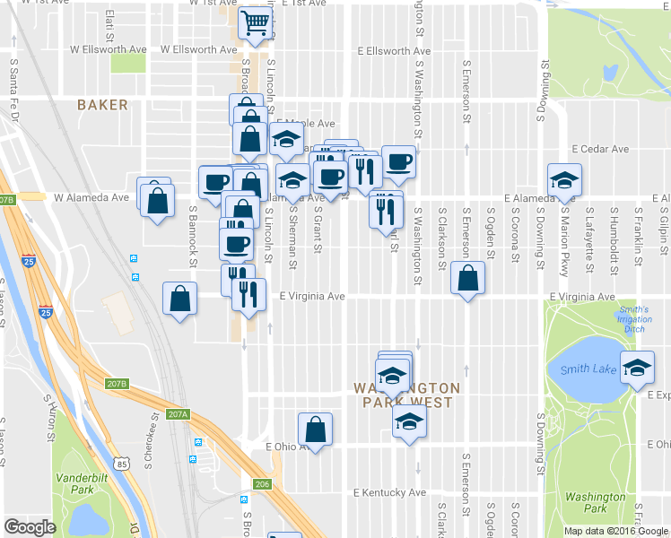map of restaurants, bars, coffee shops, grocery stores, and more near 466 South Grant Street in Denver