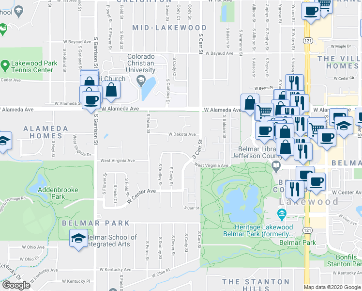 map of restaurants, bars, coffee shops, grocery stores, and more near 8480 West Virginia Avenue in Lakewood