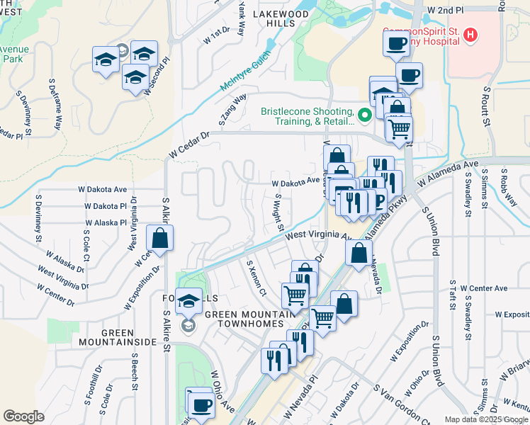 map of restaurants, bars, coffee shops, grocery stores, and more near 12596 West Dakota Avenue in Lakewood