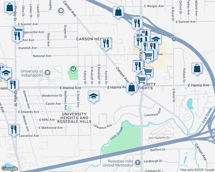 map of restaurants, bars, coffee shops, grocery stores, and more near 1941 East Hanna Avenue in Indianapolis