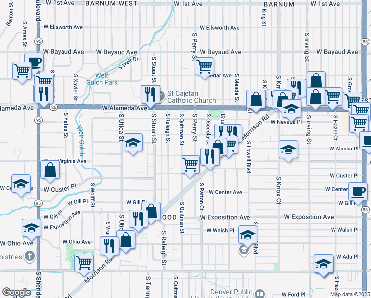 map of restaurants, bars, coffee shops, grocery stores, and more near 450 South Quitman Street in Denver