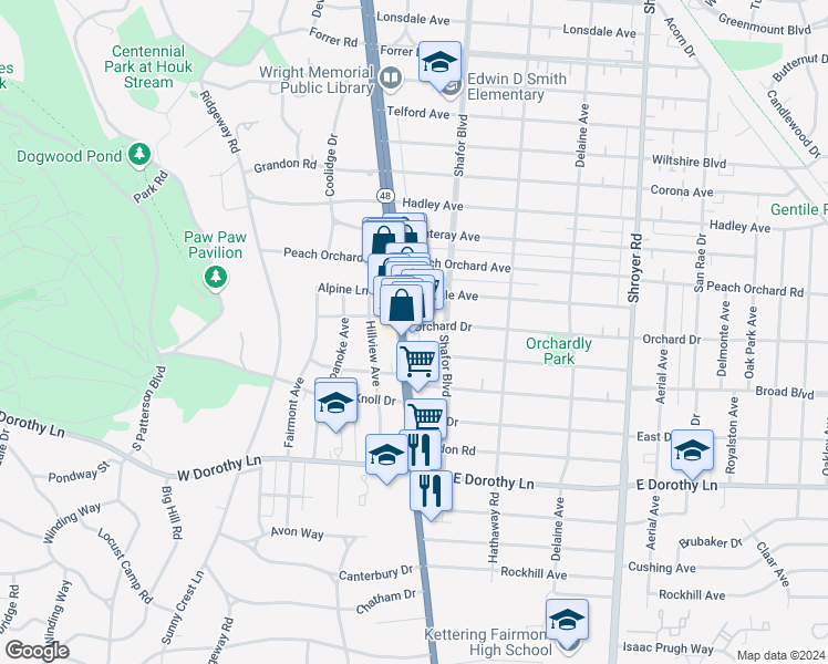 map of restaurants, bars, coffee shops, grocery stores, and more near 2537 Far Hills Avenue in Dayton