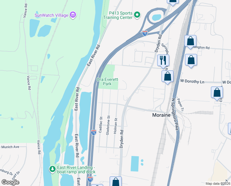 map of restaurants, bars, coffee shops, grocery stores, and more near 2624 Holman Street in Moraine
