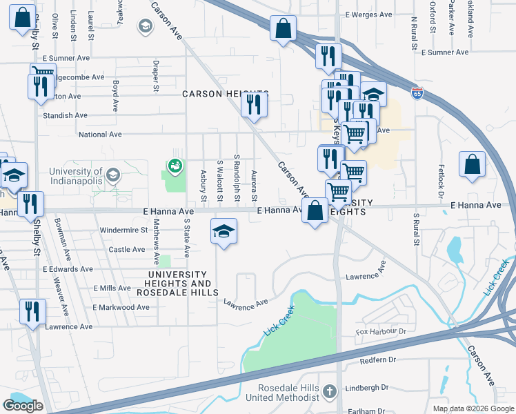 map of restaurants, bars, coffee shops, grocery stores, and more near 1941 East Hanna Avenue in Indianapolis