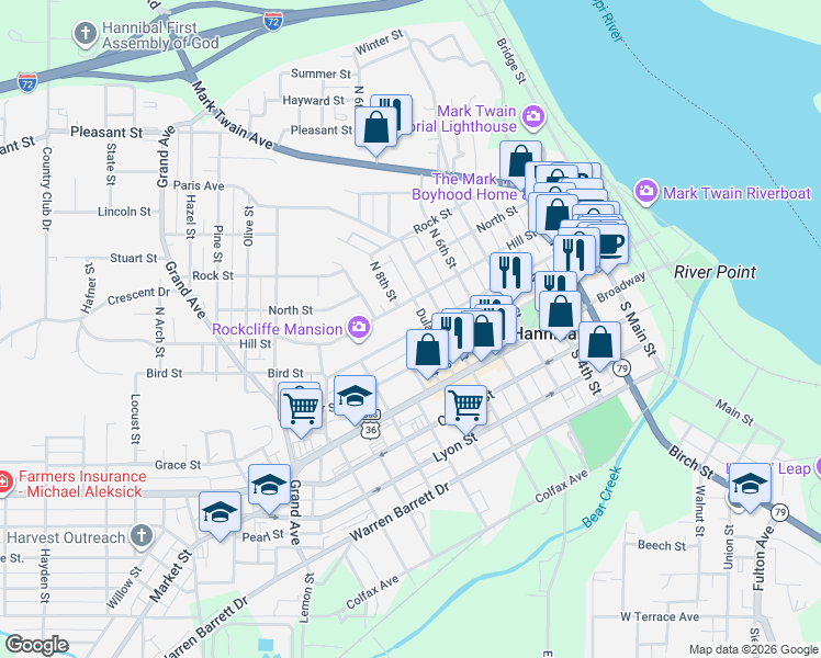 map of restaurants, bars, coffee shops, grocery stores, and more near 800 Bird Street in Hannibal