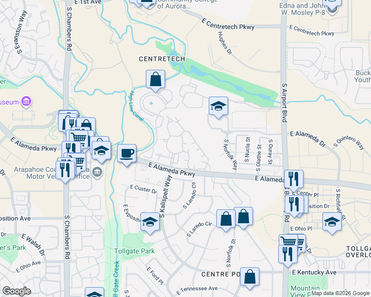 map of restaurants, bars, coffee shops, grocery stores, and more near 16001 East Alaska Place in Aurora