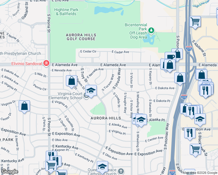 map of restaurants, bars, coffee shops, grocery stores, and more near 378 South Ursula Way in Aurora
