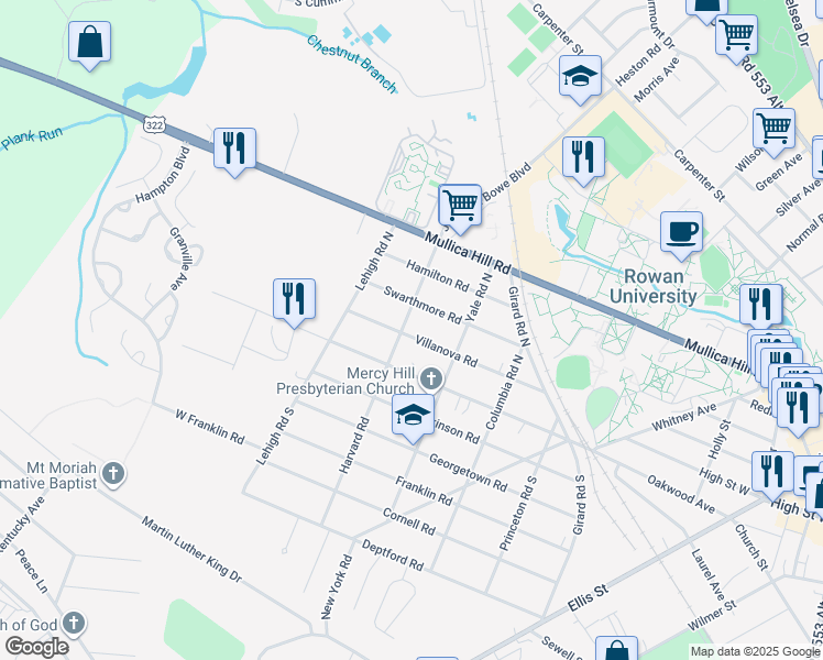 map of restaurants, bars, coffee shops, grocery stores, and more near 112 Harvard Road North in Glassboro