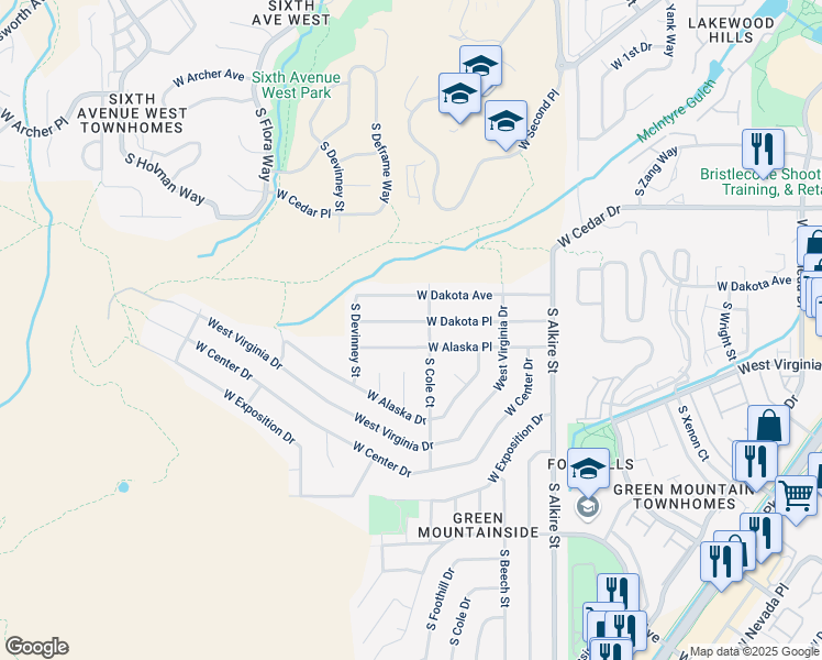 map of restaurants, bars, coffee shops, grocery stores, and more near 13675 West Alaska Place in Lakewood