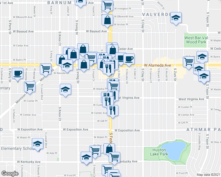 map of restaurants, bars, coffee shops, grocery stores, and more near 444 South Federal Boulevard in Denver