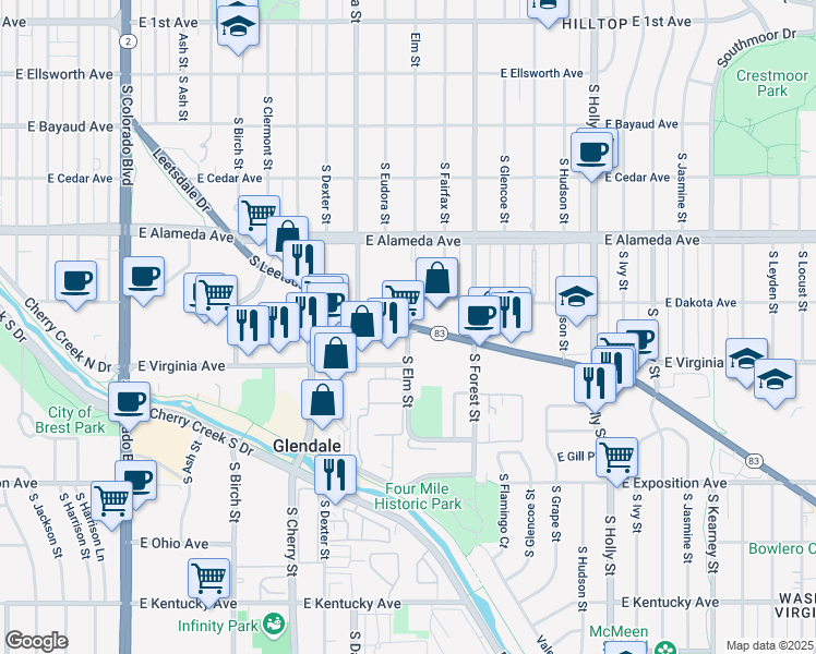 map of restaurants, bars, coffee shops, grocery stores, and more near 500 South Elm Street in Glendale