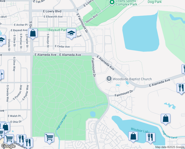 map of restaurants, bars, coffee shops, grocery stores, and more near 8332-8498 Fairmount Dr in Denver