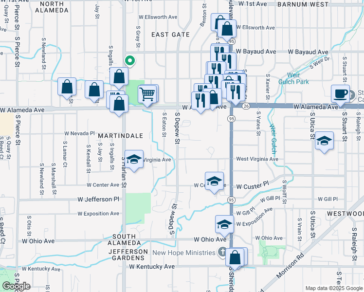 map of restaurants, bars, coffee shops, grocery stores, and more near 5503 West Virginia Avenue in Lakewood