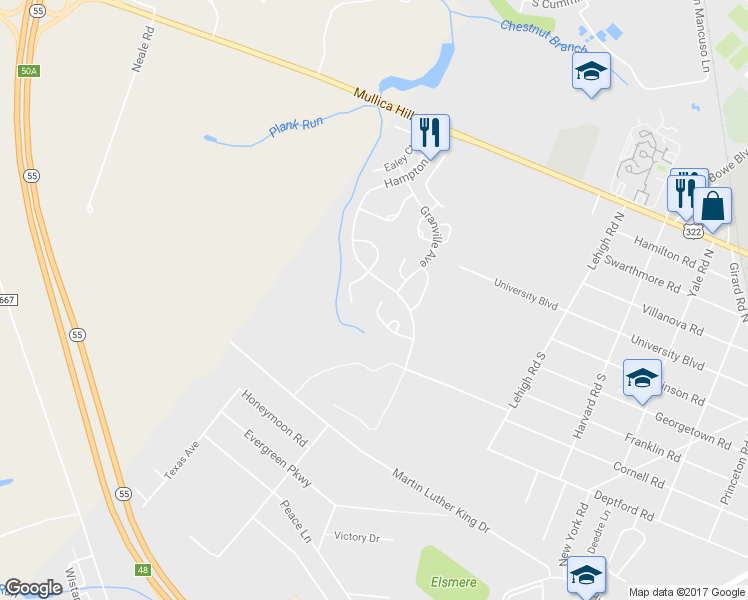 map of restaurants, bars, coffee shops, grocery stores, and more near 733 Elmhurst Place in Glassboro
