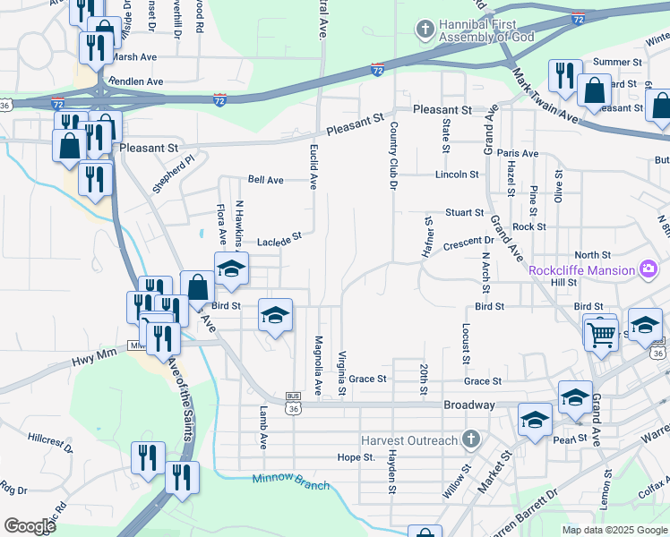 map of restaurants, bars, coffee shops, grocery stores, and more near in Hannibal