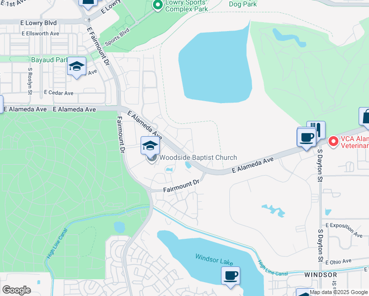 map of restaurants, bars, coffee shops, grocery stores, and more near 8505 East Alameda Avenue in Denver
