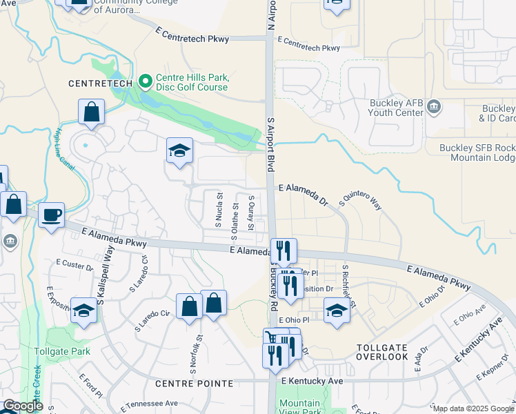 map of restaurants, bars, coffee shops, grocery stores, and more near 447 South Airport Boulevard in Aurora