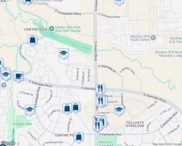 map of restaurants, bars, coffee shops, grocery stores, and more near 447 South Airport Boulevard in Aurora