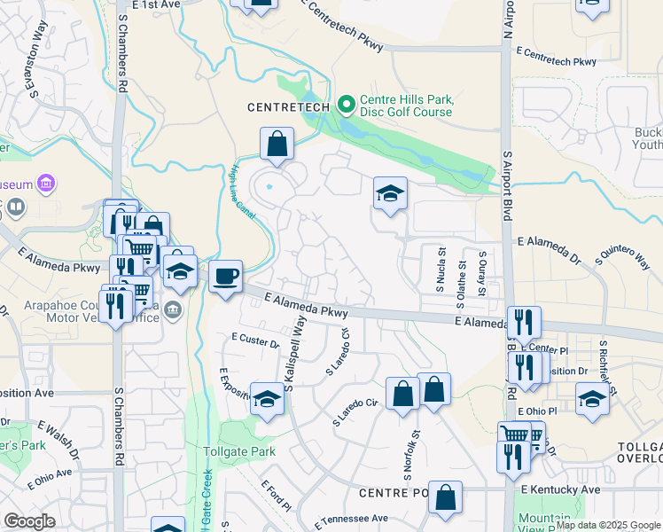 map of restaurants, bars, coffee shops, grocery stores, and more near 16103 East Alaska Place in Aurora