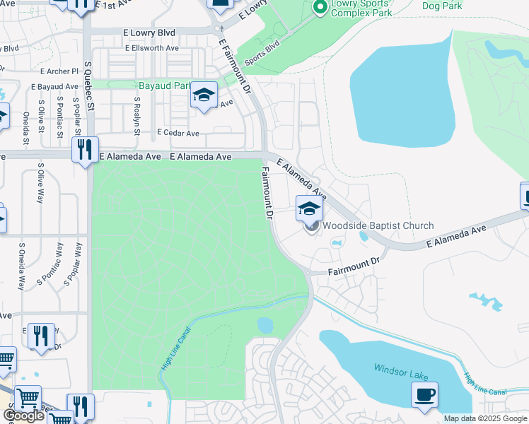 map of restaurants, bars, coffee shops, grocery stores, and more near 8332-8498 Fairmount Dr in Denver