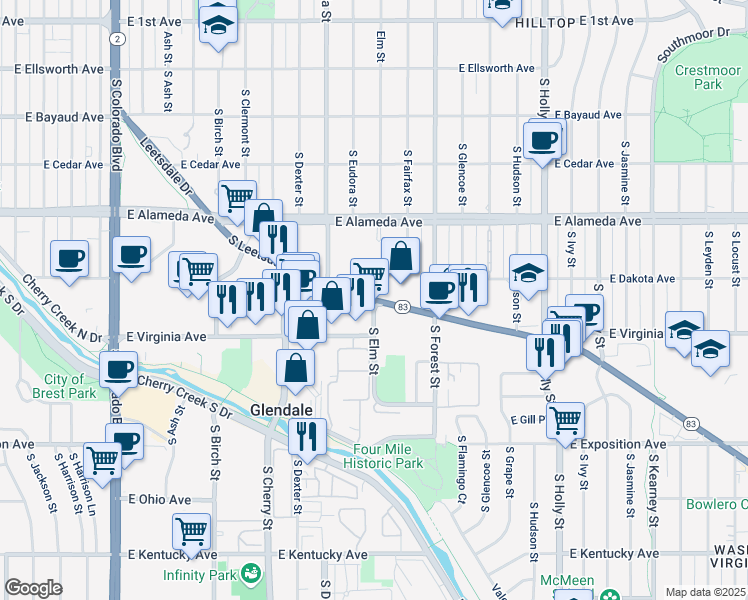 map of restaurants, bars, coffee shops, grocery stores, and more near 500 South Elm Street in Glendale