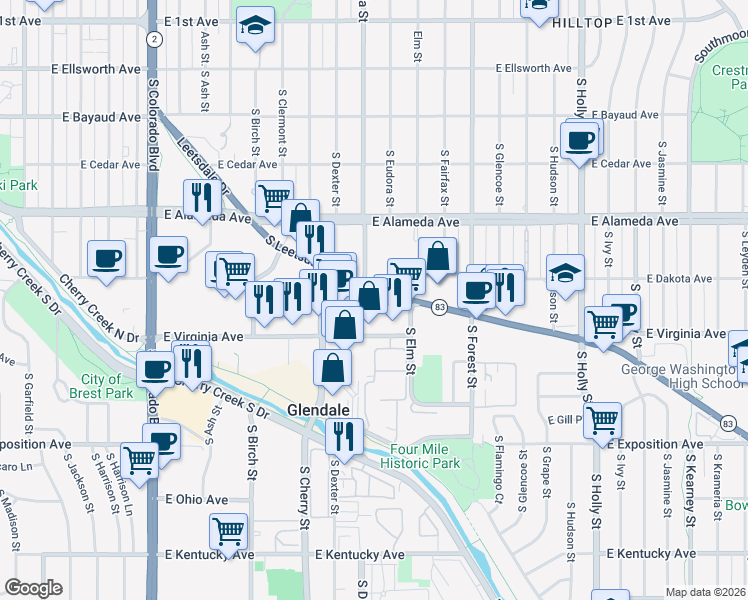 map of restaurants, bars, coffee shops, grocery stores, and more near 4818 East Kentucky Avenue in Glendale
