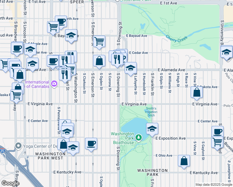 map of restaurants, bars, coffee shops, grocery stores, and more near 464 South Downing Street in Denver
