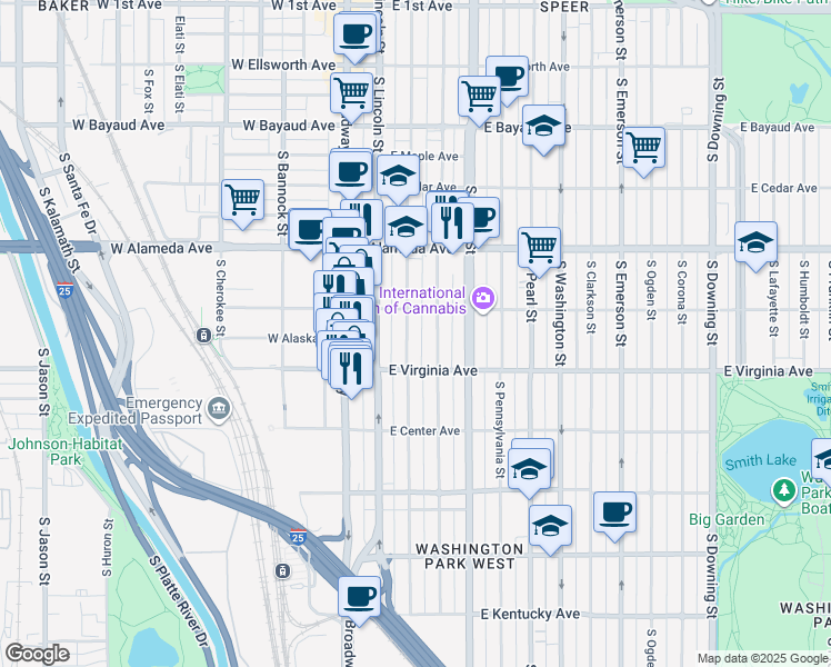 map of restaurants, bars, coffee shops, grocery stores, and more near 470 South Sherman Street in Denver