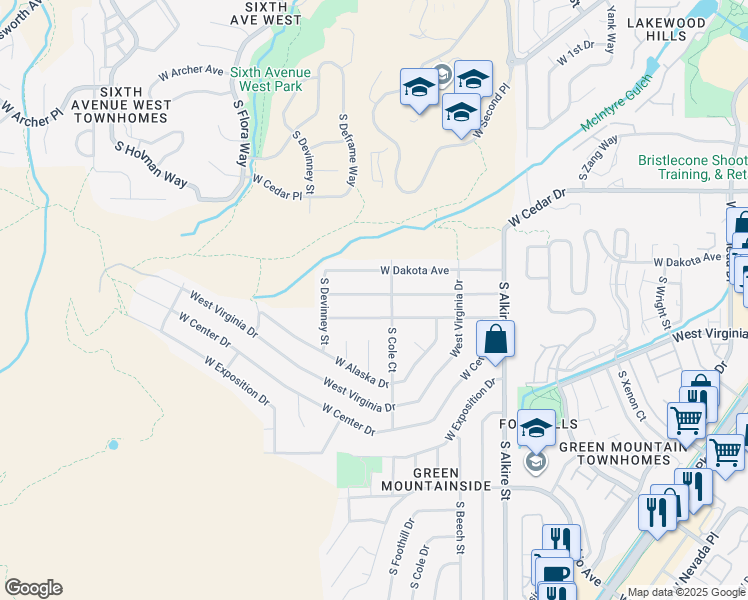 map of restaurants, bars, coffee shops, grocery stores, and more near 13675 West Alaska Place in Lakewood