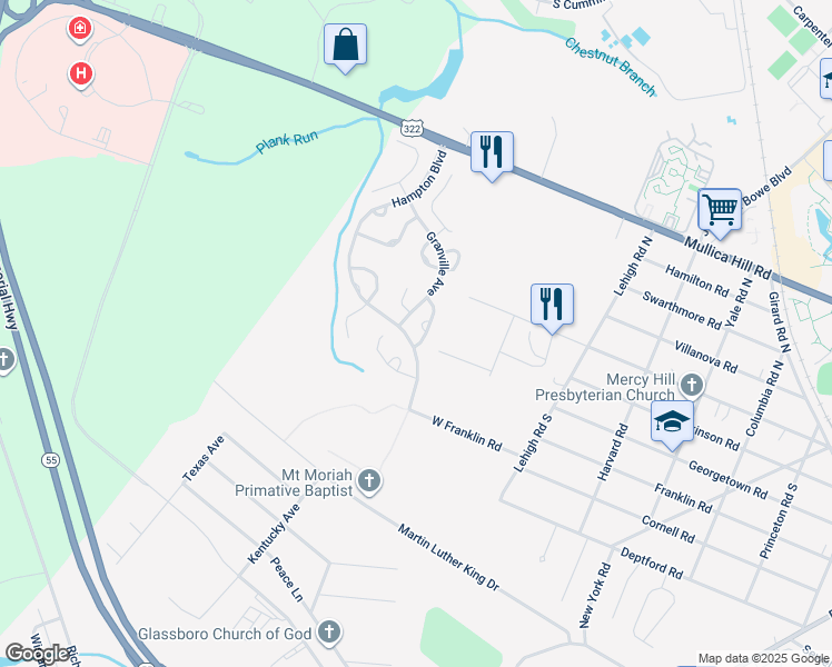 map of restaurants, bars, coffee shops, grocery stores, and more near 629 Quincy Court in Glassboro