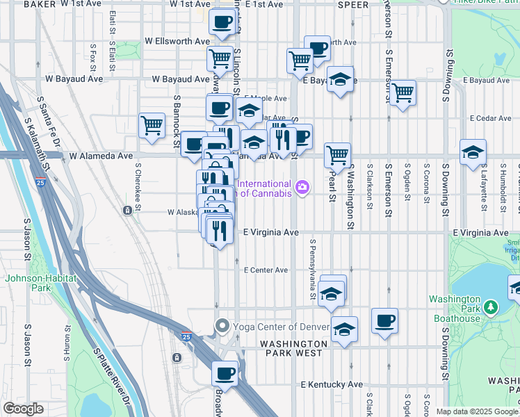 map of restaurants, bars, coffee shops, grocery stores, and more near 470 South Sherman Street in Denver