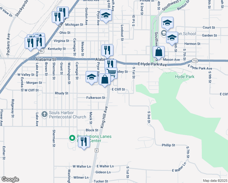 map of restaurants, bars, coffee shops, grocery stores, and more near 6511 King Hill Avenue in Saint Joseph