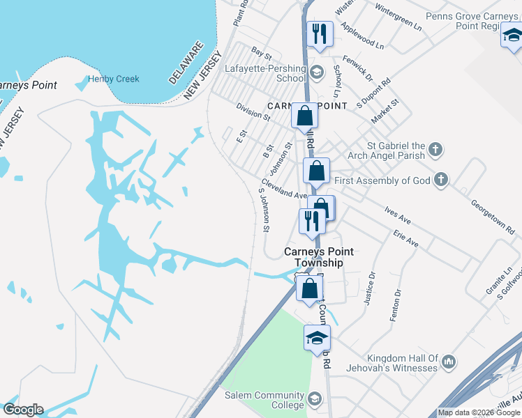 map of restaurants, bars, coffee shops, grocery stores, and more near 326 South Johnson Street in Penns Grove