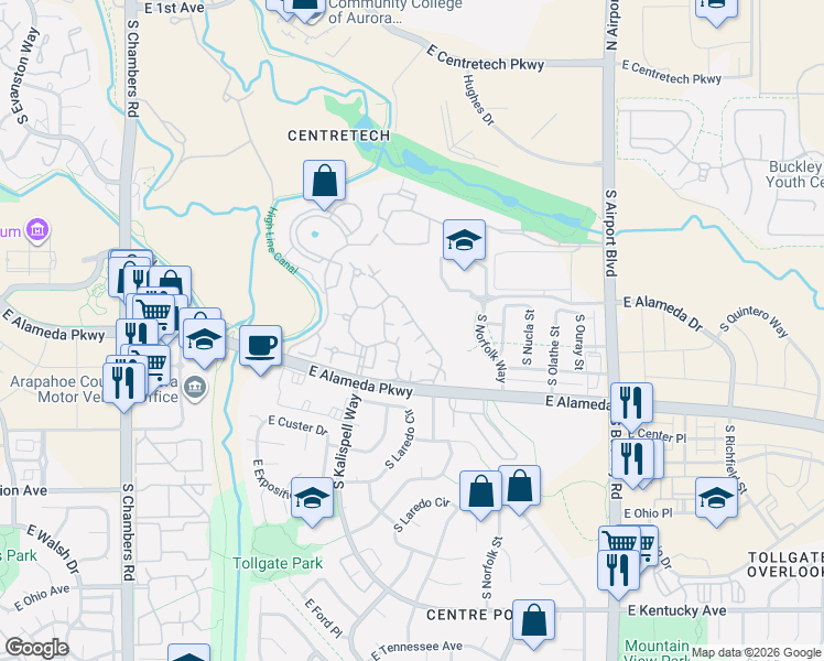 map of restaurants, bars, coffee shops, grocery stores, and more near 16103 East Alaska Place in Aurora