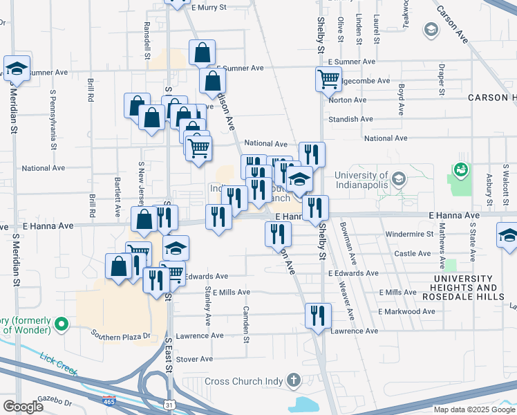 map of restaurants, bars, coffee shops, grocery stores, and more near 942 East Hanna Avenue in Indianapolis