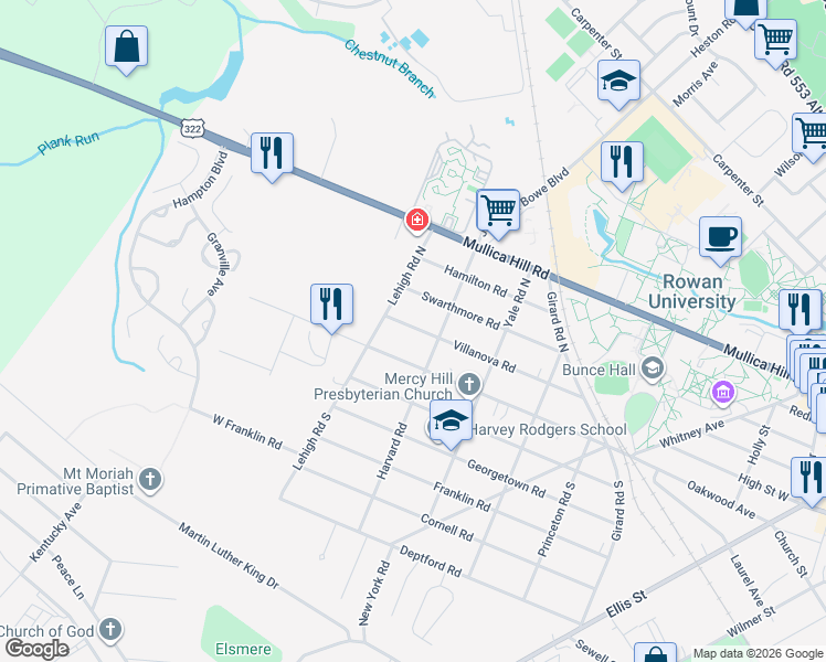 map of restaurants, bars, coffee shops, grocery stores, and more near 409 University Boulevard in Glassboro
