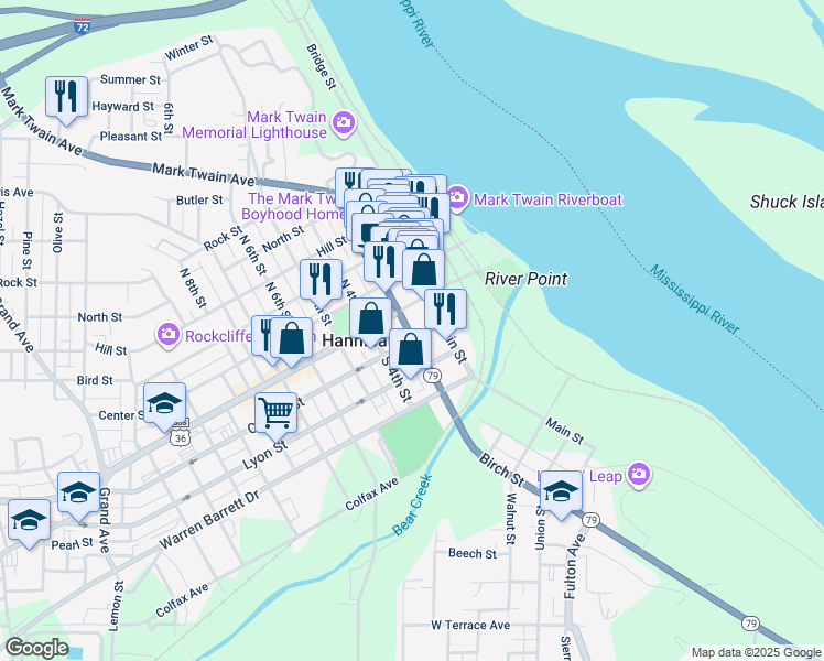 map of restaurants, bars, coffee shops, grocery stores, and more near 116 South 3rd Street in Hannibal