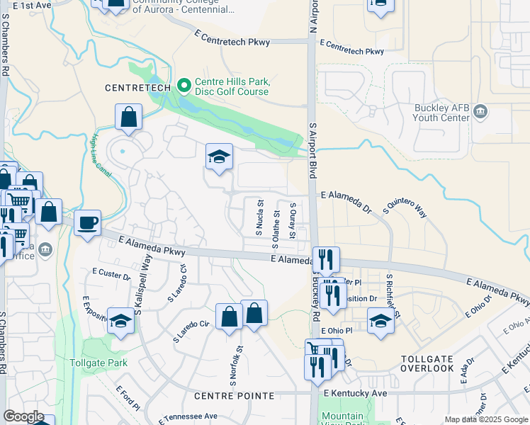 map of restaurants, bars, coffee shops, grocery stores, and more near 491 South Nucla Street in Aurora