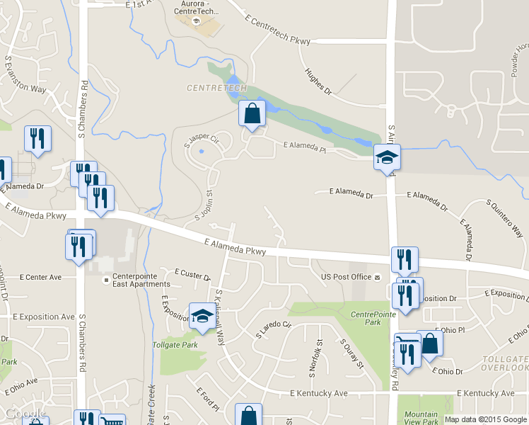 map of restaurants, bars, coffee shops, grocery stores, and more near 16103 East Alaska Place in Aurora