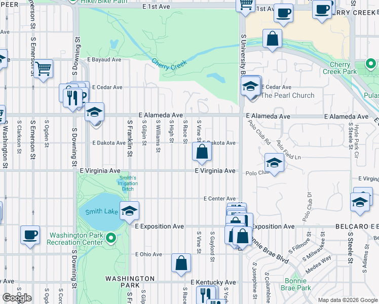 map of restaurants, bars, coffee shops, grocery stores, and more near 472 South Race Street in Denver