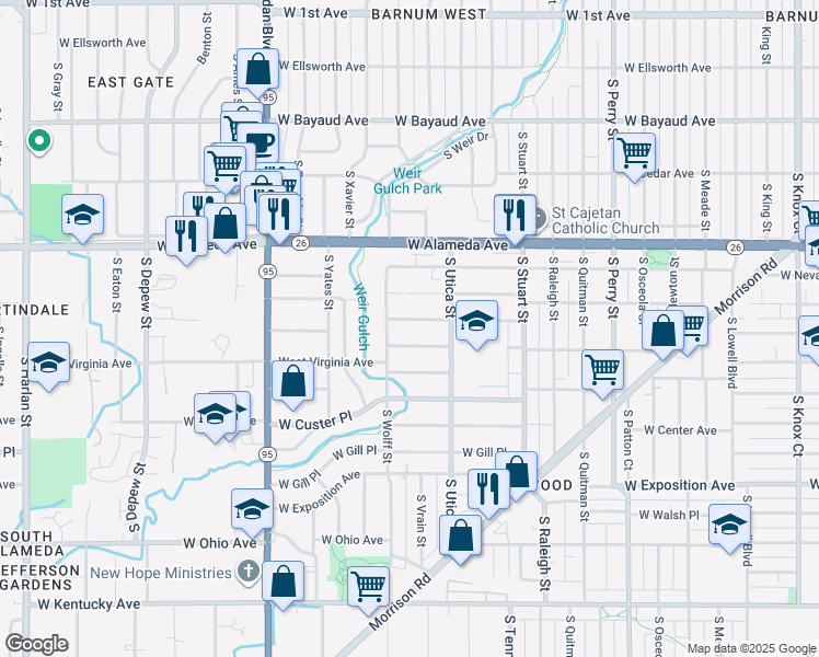 map of restaurants, bars, coffee shops, grocery stores, and more near 4664 West Virginia Avenue in Denver