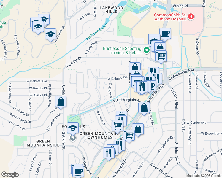 map of restaurants, bars, coffee shops, grocery stores, and more near 485 South Wright Street in Lakewood