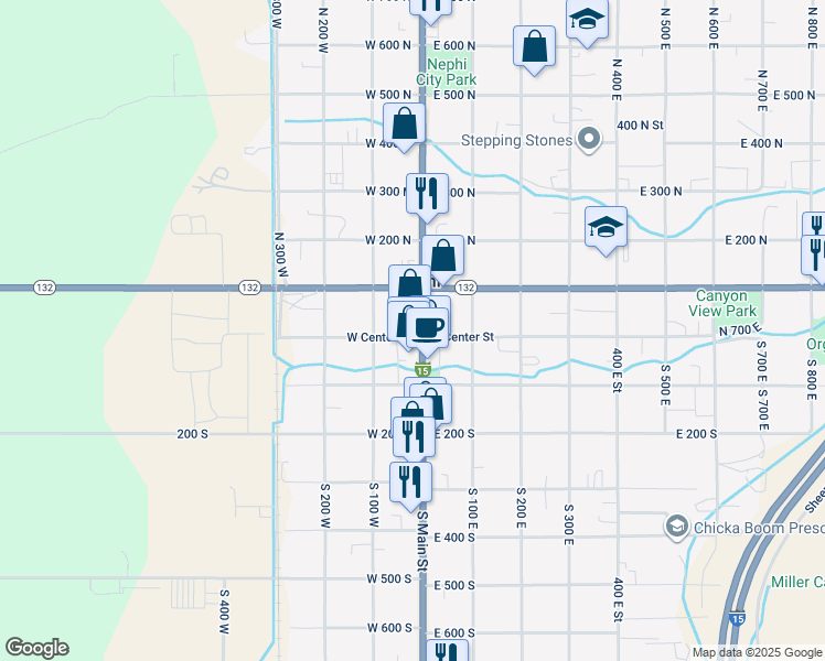 map of restaurants, bars, coffee shops, grocery stores, and more near 3 North Main Street in Nephi