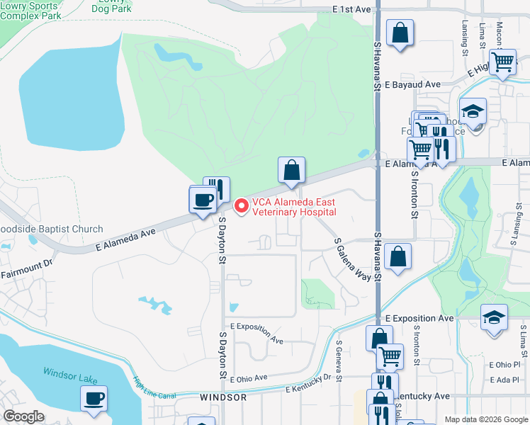 map of restaurants, bars, coffee shops, grocery stores, and more near 9898 East Alameda Avenue in Denver