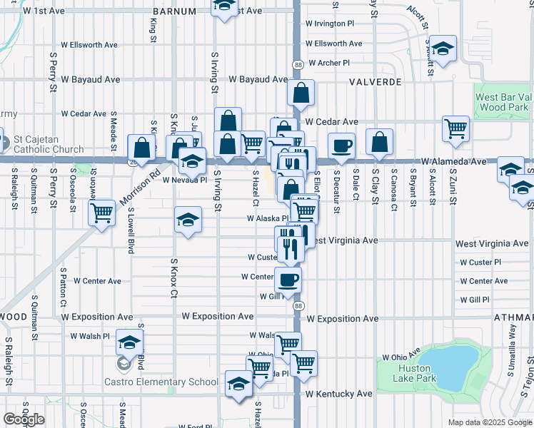 map of restaurants, bars, coffee shops, grocery stores, and more near 3131 West Alaska Place in Denver