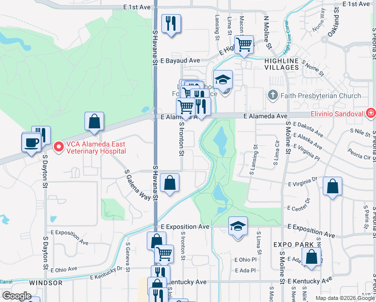 map of restaurants, bars, coffee shops, grocery stores, and more near 456 South Ironton Street in Aurora
