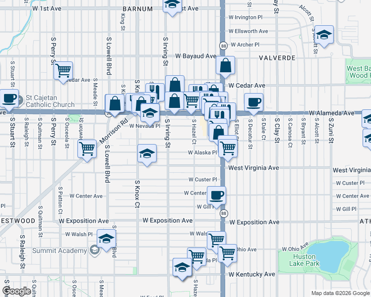 map of restaurants, bars, coffee shops, grocery stores, and more near 3195 West Dakota Avenue in Denver
