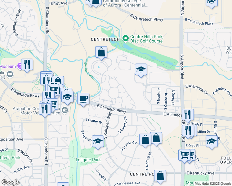 map of restaurants, bars, coffee shops, grocery stores, and more near 15911 East Dakota Place in Aurora
