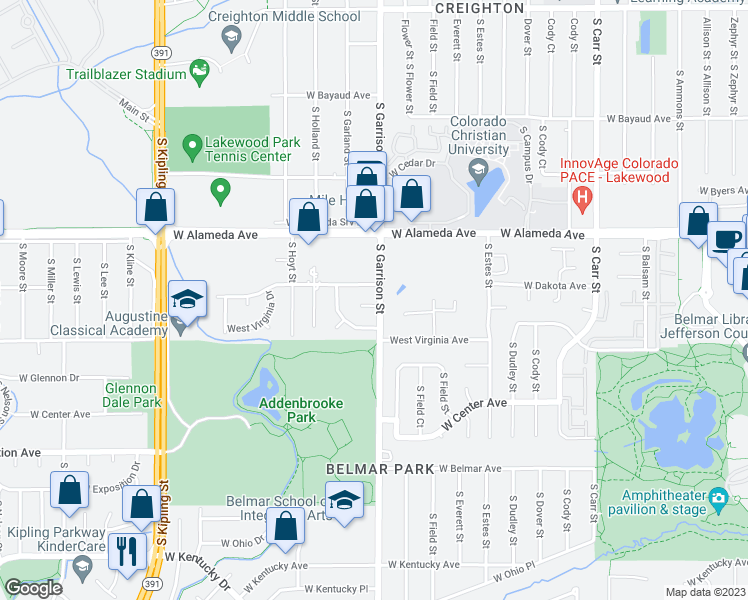map of restaurants, bars, coffee shops, grocery stores, and more near 404 South Garrison Street in Lakewood