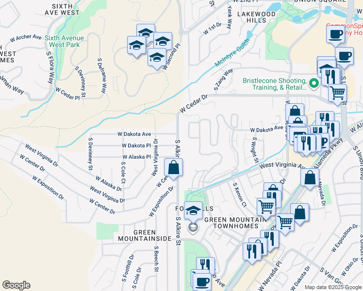 map of restaurants, bars, coffee shops, grocery stores, and more near 477 South Youngfield Circle in Lakewood